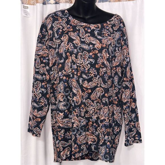 GREAT CONDITION J JILL SIMPLY SUPIMA SCOOP NECK LS TUNIC/TOP LARGE NAVY PAINTED - Picture 1 of 7